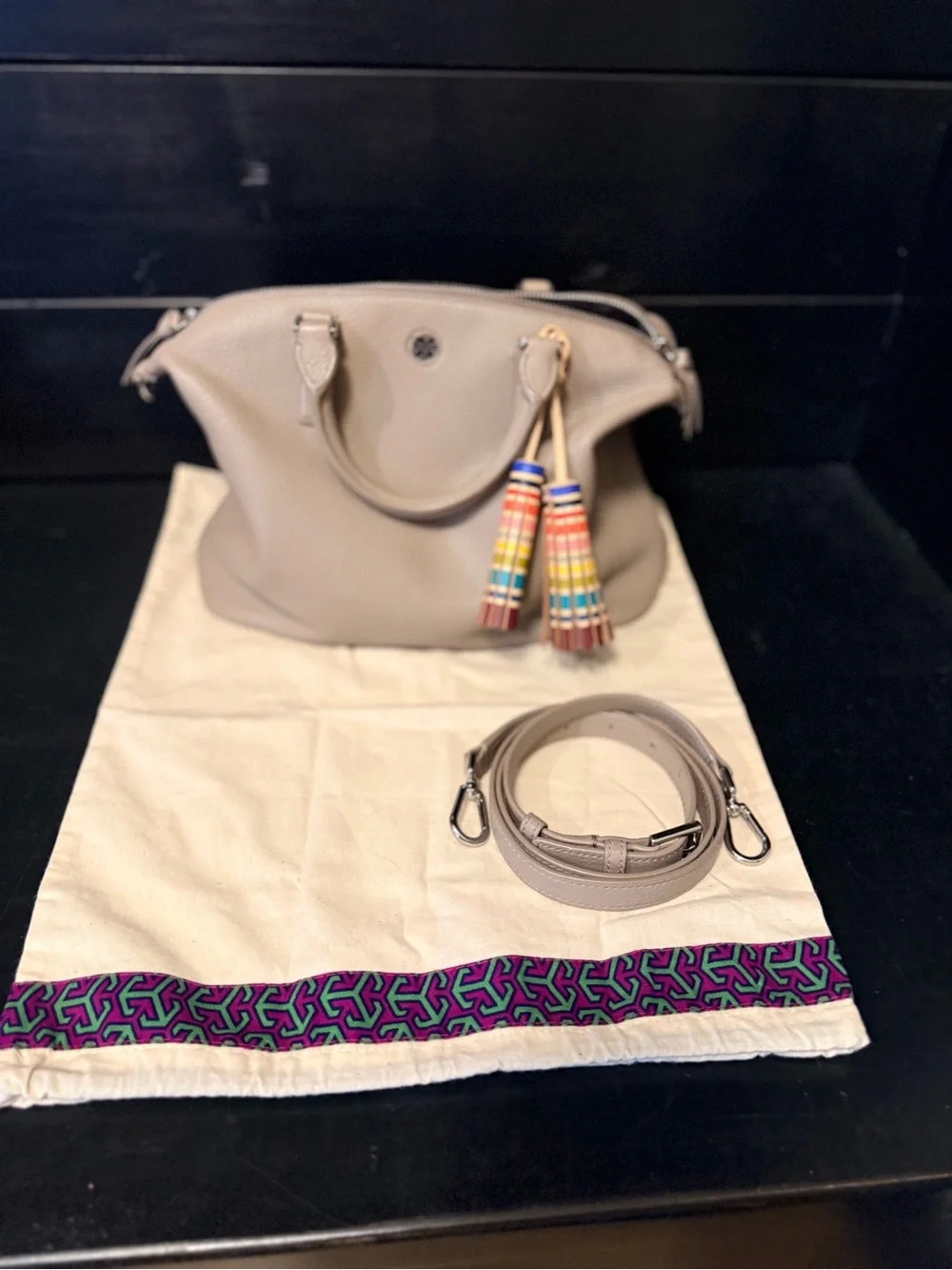 Tory Burch Taupe Pebbled Leather Satchel with Multicolor Tassel